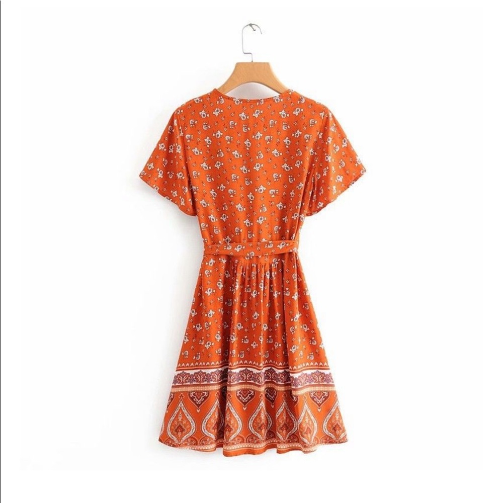 Boho Floral Gypsy Print Short Wrap Dress Orange - Picture 8 of 10